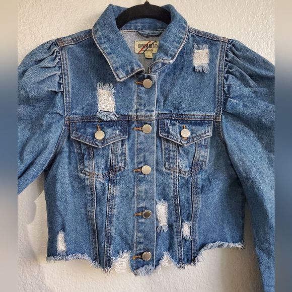 Denim Blvd Los Angeles Puff Sleeve Ripped Raw Hem Crop Jean Jacket Dark Blue S - Picture 5 of 12